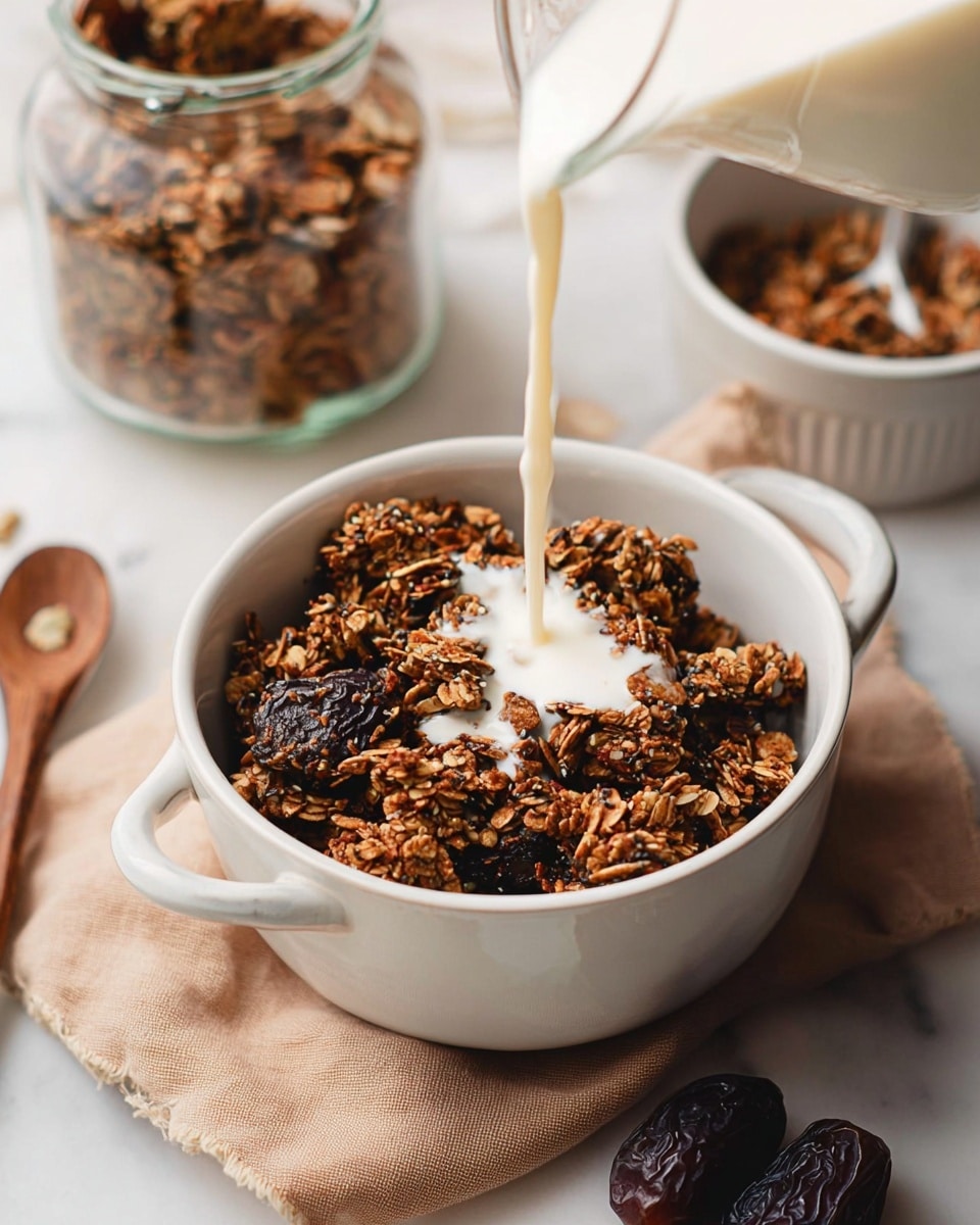 A white bowl with two handles is filled with dark brown clusters of granola with visible seeds and oats. From above, a stream of light cream milk is being poured into the center of the granola, creating a slight splash. The bowl sits on a white marbled surface next to a wooden spoon resting on a soft brown cloth. In the background, there is another white bowl filled with granola and a clear glass jar holding more granola. Two dark brown dates are placed in front of the bowl. photo taken with an iphone --ar 4:5 --v 7