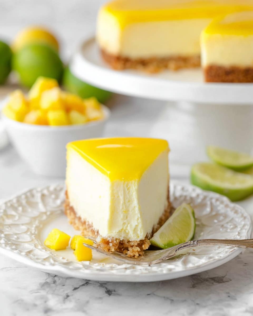 A slice of cheesecake is placed on a white decorative plate on a white marbled surface. The cake has three layers: a crumbly light brown crust at the bottom, a thick creamy pale yellow middle layer, and a shiny bright yellow top layer. A small piece of lime and a few small yellow cubes are on the plate next to the cake. A silver fork with a piece of the cheesecake on it rests on the plate, showing the vibrant yellow layer on top. In the blurry background, a white bowl filled with small yellow cubes and whole green limes are visible, along with the rest of the cheesecake on a white cake stand. Photo taken with an iphone --ar 4:5 --v 7