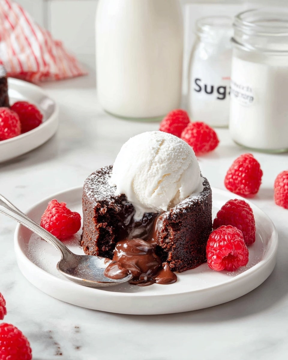 A small round chocolate cake with a dark brown, moist outer layer sits on a white plate, topped with a smooth scoop of white vanilla ice cream that is melting slightly. The inside of the cake shows a rich, shiny, flowing dark chocolate center mixing with the melting ice cream. Around the cake, there are several fresh red raspberries with a slightly rough texture, adding bright color. A silver spoon lies on the plate to the left of the cake, resting near some spilled chocolate and melting ice cream. The plate is set on a white marbled surface, and in the background, there is a clear glass bottle filled with white milk and a white container labeled