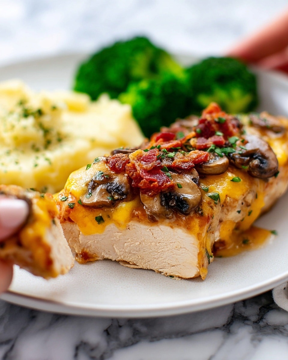 A close-up view of a cooked chicken piece topped with three layers: a base layer of light golden cooked chicken meat with a smooth texture, then a layer of sautéed brown mushrooms with a soft texture, and a melted yellow-orange cheese layer with small bits of crispy red bacon and chopped green herbs sprinkled on top, all resting on a white plate. Behind the chicken, there are bright green broccoli florets and creamy mashed potatoes in soft pale yellow, all placed on a white marbled surface. A woman's hand is holding a small slice of chicken in the front. Photo taken with an iphone --ar 4:5 --v 7