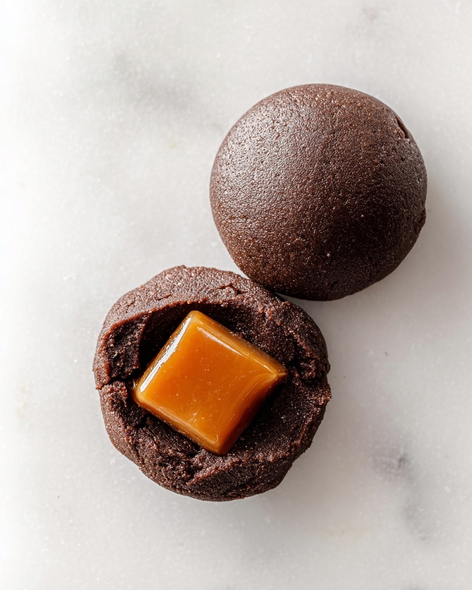 The image shows two dark brown chocolate dough balls on a white marbled surface. The top dough ball is smooth and round, with a rich, dense texture. The bottom dough ball is slightly flattened, with a square piece of shiny, light brown caramel placed neatly in the center, adding a contrasting color and smooth texture against the rough dark dough. The overall scene is clean and simple, focusing on the rich colors and textures of the dough and caramel. photo taken with an iphone --ar 4:5 --v 7