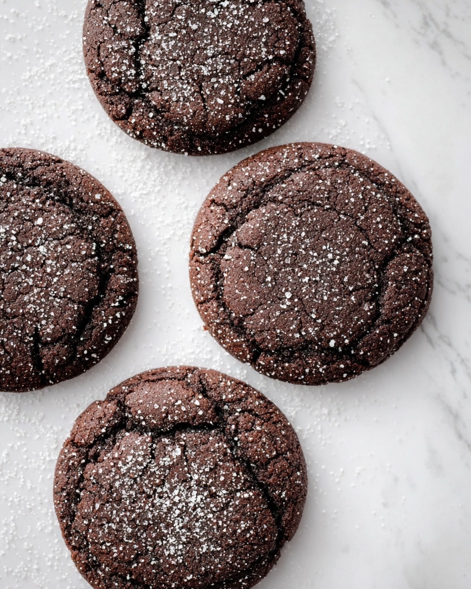 The image shows four round chocolate cookies placed directly on white marbled textured paper. Each cookie is dark brown with a cracked surface texture and is sprinkled with a light dusting of white sugar crystals that add a slight sparkle. The cookies are slightly raised at the center, making them look soft and thick. They are arranged close to each other but not overlapping, filling most of the frame from the top left to the bottom right. photo taken with an iphone --ar 4:5 --v 7