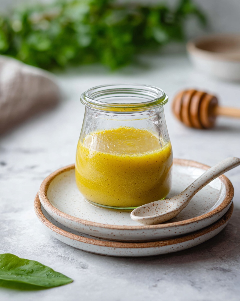 A small clear glass jar holds a yellow, slightly grainy sauce filling about two-thirds of it, sitting on a stack of two white plates with subtle earthy brown spots on the edges. A beige, speckled wooden spoon rests on the top plate next to the jar. The setting is on a white marbled surface with a blurred green leafy background and a wooden honey dipper in the distance. A green leaf is placed on the surface near the plates. The lighting is soft and natural, highlighting the texture of the sauce and the glass jar. photo taken with an iphone --ar 4:5 --v 7