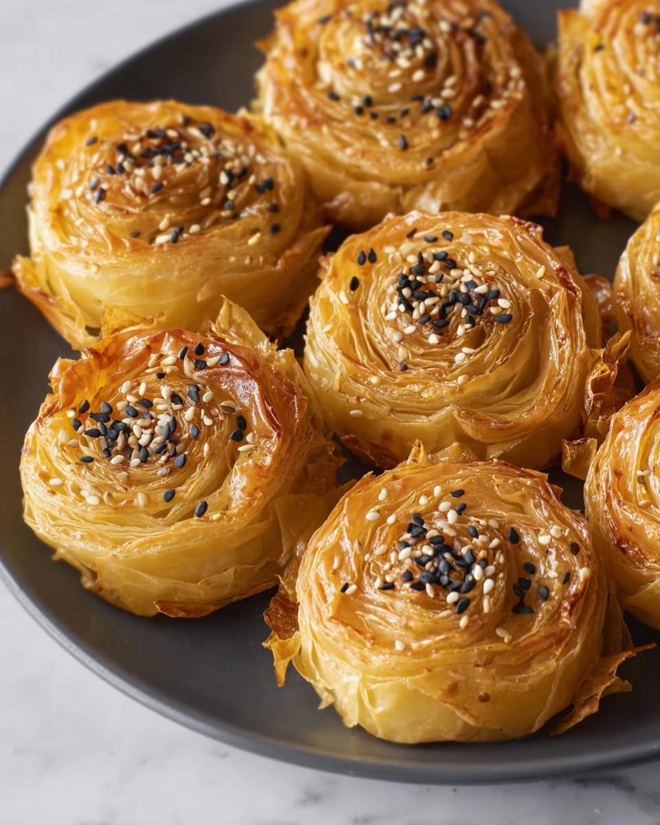 The image shows a close-up of several round layered pastries arranged on a white plate, placed on a white marbled surface. Each pastry has about 10 to 12 thin, golden brown flaky layers that spiral inward in a rose-like shape. The center of each pastry is filled with a light cream or cheese filling, topped with a mix of black and white sesame seeds, which adds texture and slight contrast. The pastries have a shiny, slightly glazed look, and the light catches on the thin, crisp layers to emphasize their delicate texture. The photo taken with an iphone --ar 4:5 --v 7