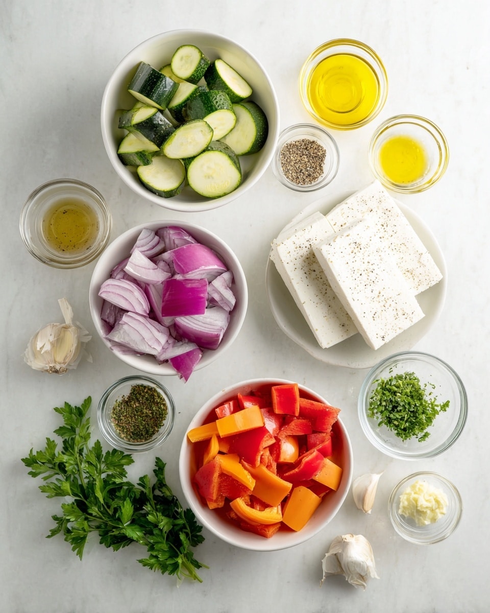 The image shows an overhead view of several small white bowls on a white marbled surface, each holding different fresh ingredients. There are three bowls with chopped vegetables: sliced green zucchini, red and orange bell pepper pieces, and purple onion chunks. A separate white bowl holds two rectangular blocks of white cheese with specks of seasoning. Surrounding these are small glass bowls with finely chopped green herbs, yellow lemon zest, light brown liquid, mixed spices, and olive oil. Fresh parsley and three peeled garlic cloves are also placed nearby. The composition is clean and bright, with all ingredients neatly arranged. Photo taken with an iphone --ar 4:5 --v 7