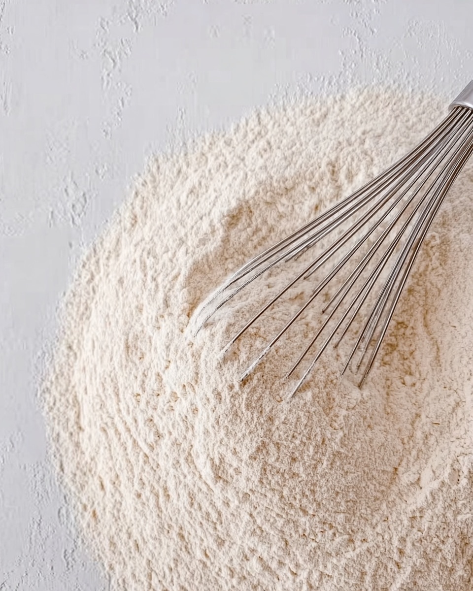A close-up image of a white marbled surface with a pile of dry flour spread out unevenly across it. A silver metal whisk lies on top of the flour, partially submerged, with its thin wires coated lightly in flour. The texture of the flour is fine and powdery, creating gentle shadows and soft ridges around the whisk. The scene is simple and clean, focusing on the flour and whisk in natural soft light. photo taken with an iphone --ar 4:5 --v 7