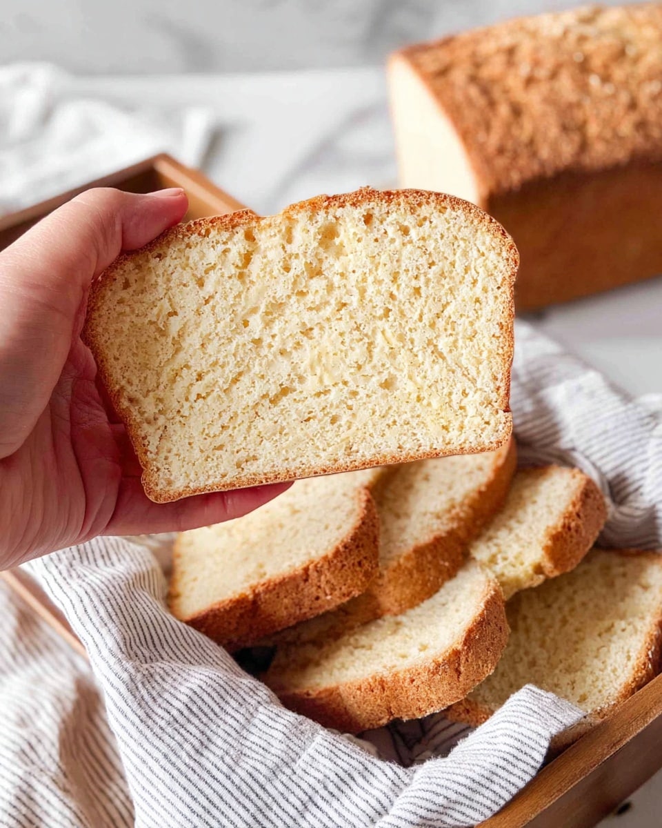 The image shows a close-up of a woman's hand holding a single slice of soft, light tan bread with a slightly rough, golden brown crust. Below the slice, several more bread slices lay spread out on a white and gray striped cloth inside a wooden tray. In the background, a loaf of the same bread is visible, resting on the cloth with a crusty top and an evenly baked light tan interior. The scene is set on a white marbled surface. photo taken with an iphone --ar 4:5 --v 7