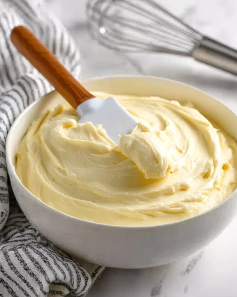 A close-up of a white bowl filled with smooth, creamy pale yellow frosting. There is a white spatula with a wooden handle resting on top of the frosting, with some frosting scooped on its flat side. The bowl is placed on a white marbled surface next to a white cloth with blue stripes and a metal whisk is partially visible near the top right corner. The texture of the frosting is soft and thick, with gentle swirls showing the spreading motion. photo taken with an iphone --ar 4:5 --v 7