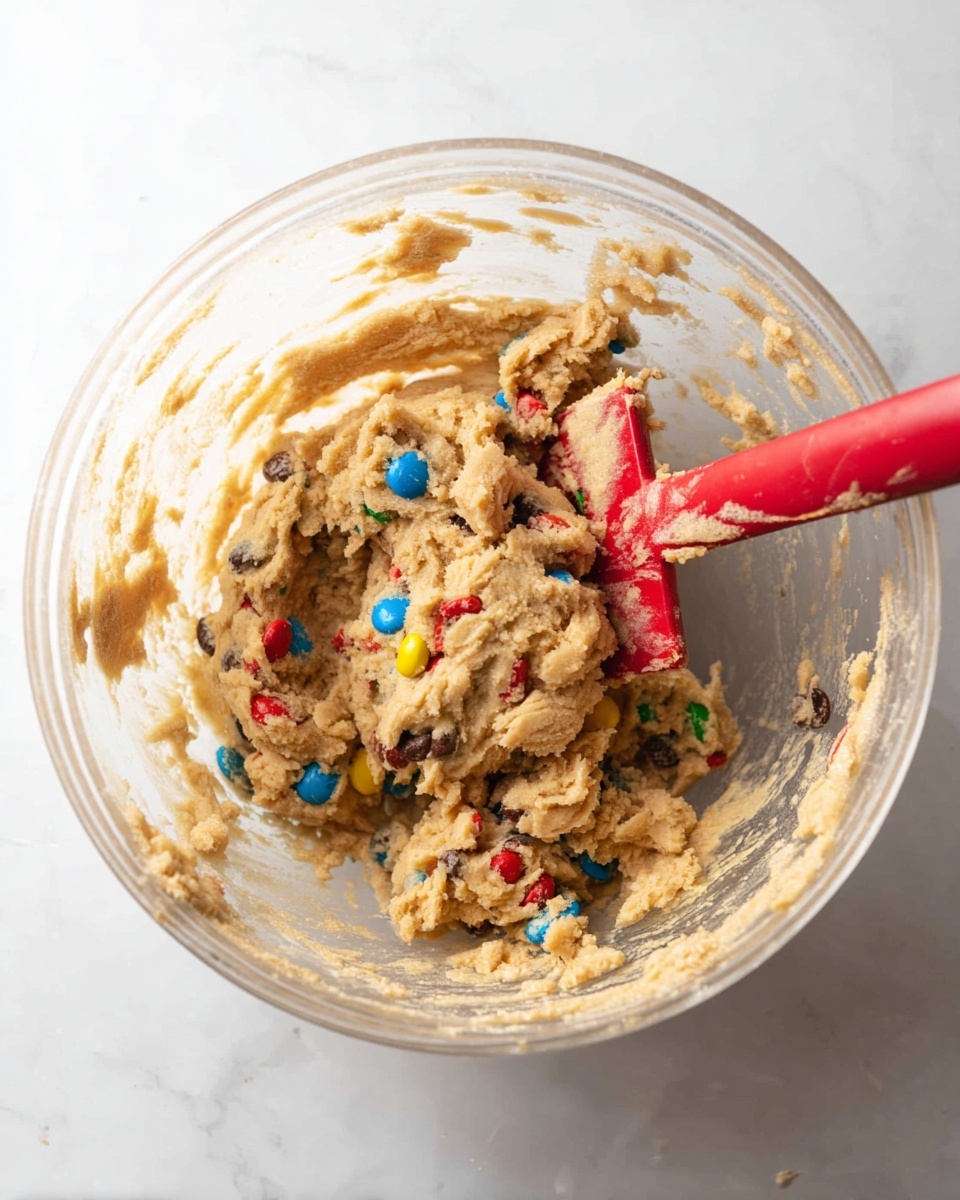 A clear glass bowl filled with thick, light brown cookie dough mixed with colorful candy pieces in red, blue, yellow, and green scattered throughout. A red spatula rests inside the bowl, partially covered with the dough. The bowl sits on a white marbled surface, with some dough smeared on the inner sides of the bowl. The photo taken with an iphone --ar 4:5 --v 7