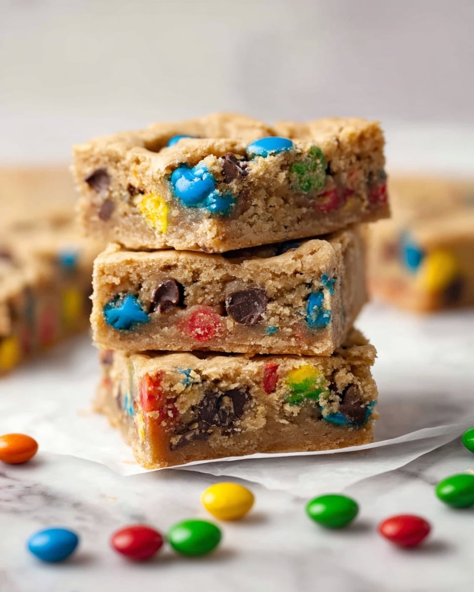 Three square bars are stacked on top of each other in the center of the image. Each bar is light brown with a slightly crumbly texture, filled with colorful candy-coated chocolate pieces in bright colors like blue, yellow, red, green, and orange, mixed throughout. The bars look thick and soft, and the candy pieces add a shiny, smooth contrast to the rough cookie dough. Some loose candy pieces are scattered around the base on a white marbled surface, adding more vibrant colors near the stack. The background is softly blurred white marbled texture. photo taken with an iphone --ar 4:5 --v 7