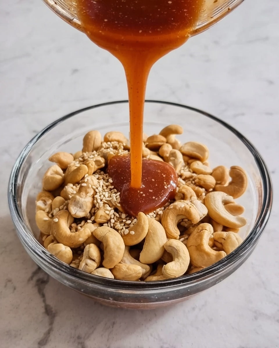 A clear glass bowl filled with a layer of whole cashew nuts, light beige with smooth curved shapes and a few sesame seeds scattered on top. A thick amber-colored sauce is being poured over the nuts from a transparent container just above the bowl, creating a shiny, sticky stream that lands in the center of the cashews. The bowl is placed on a white marbled surface with soft gray veins. Photo taken with an iphone --ar 4:5 --v 7