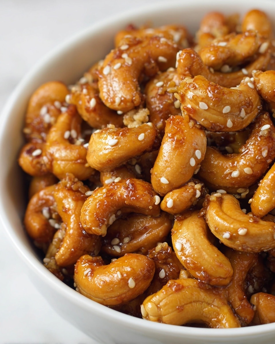 The image shows a close-up view of a white bowl filled with golden brown cashew nuts that are glossy from a sticky glaze. Small white sesame seeds are scattered evenly on the surface of the nuts, adding texture and contrast. The cashews are whole and slightly curved, with a shiny, caramel-like coating that catches the light. The bowl sits on a white marbled surface, enhancing the warm tones of the nuts. The scene is tightly focused, showing the details of the glaze and sesame seeds clearly photo taken with an iphone --ar 4:5 --v 7