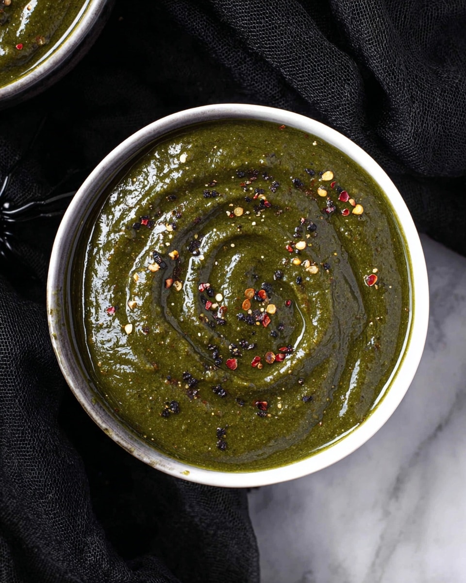 A smooth dark green sauce in a white bowl, with a shiny, thick texture and a slight swirl pattern on top. Small bits of red chili flakes and coarse black pepper are sprinkled around the surface, adding specks of red, yellow, and black. The bowl rests on a black cloth with a subtle spider decoration visible in the corner, all set against a white marbled texture. Photo taken with an iphone --ar 4:5 --v 7