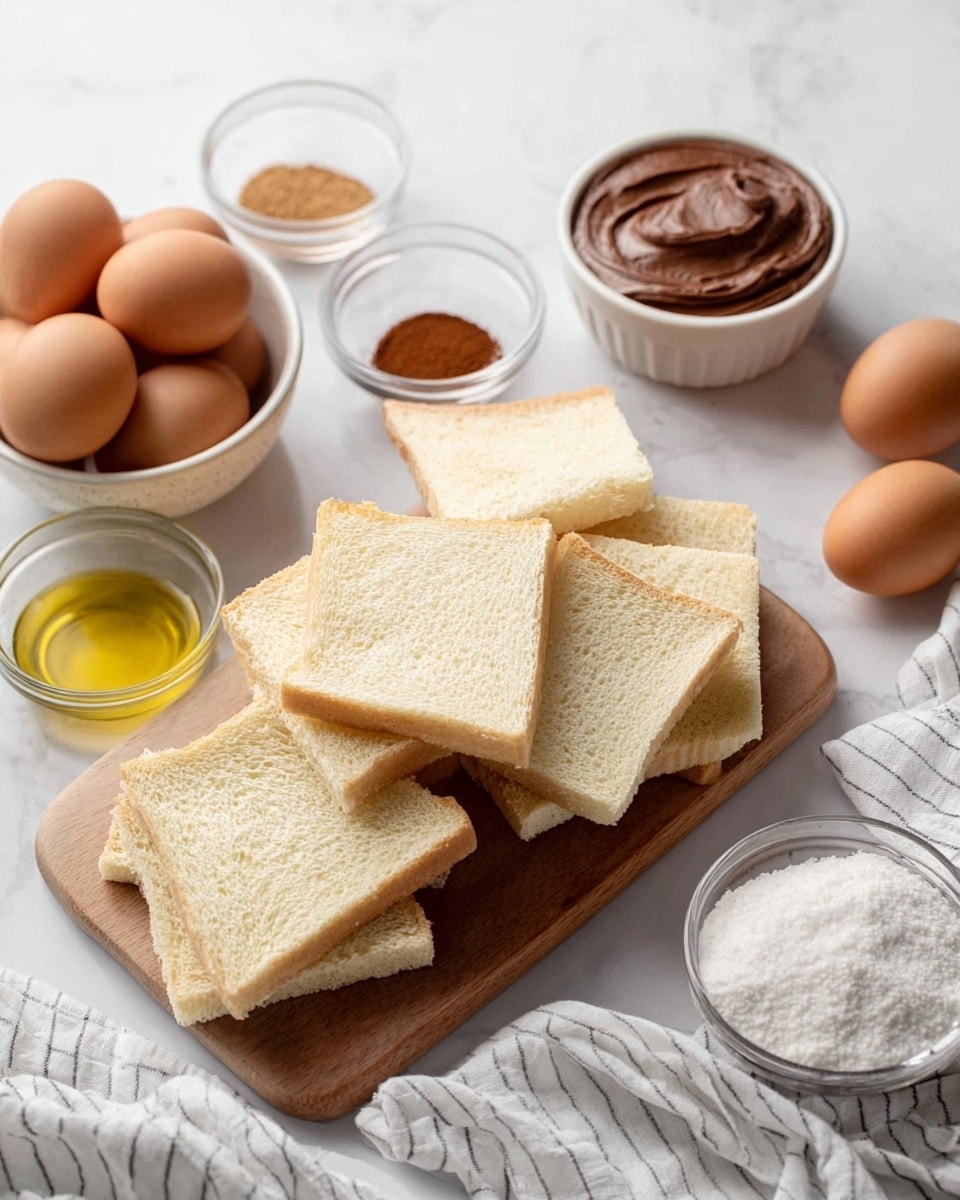 A wooden board holds seven slices of white bread stacked irregularly, showing their soft and spongy texture. On the top right corner of the board, there is a small white bowl filled with smooth chocolate spread. Surrounding the board on a white marbled surface are several small clear glass bowls with ingredients: one with olive oil, one with cinnamon powder, and one with granulated sugar. A white bowl filled with six brown eggs sits on a striped white cloth, with two extra eggs resting beside the bowl. The scene is bright and clean, showing all ingredients clearly. photo taken with an iphone --ar 4:5 --v 7