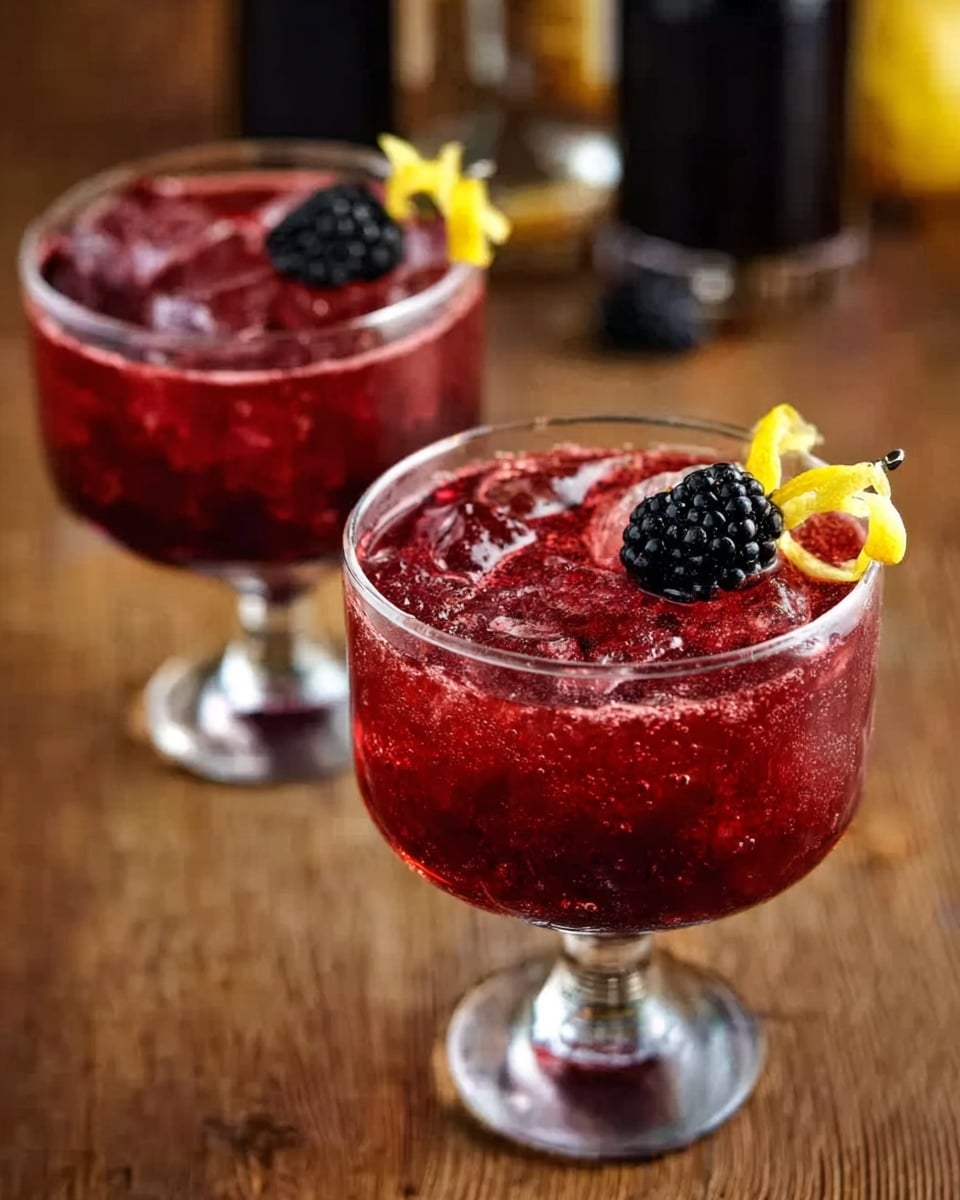 Two clear glasses filled with a dark red drink, almost like thick juice, sit on a wooden surface. Each glass has ice cubes inside that make the red drink look uneven and shiny. On top of each drink is a single black berry for decoration, placed near a thin, curled yellow lemon peel sitting on the rim of each glass. The background is blurred with more drink bottles visible but out of focus, making the glasses the main focus. photo taken with an iphone --ar 4:5 --v 7