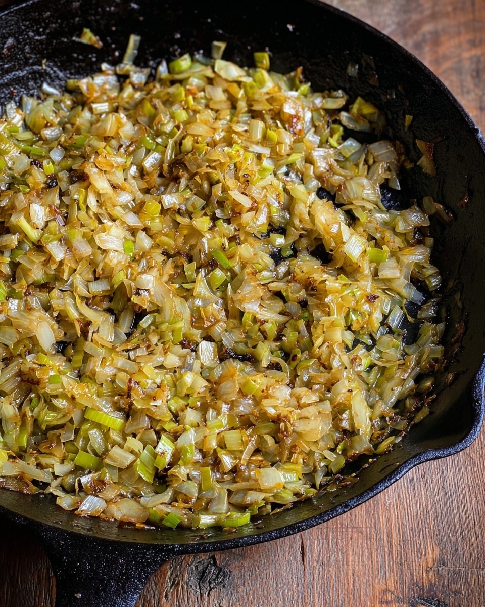 A close-up view of a black cast iron pan filled with finely chopped cooked onions and leeks. The onions and leeks form a single thin layer covering most of the pan's bottom, showing a mix of golden brown and light green colors with a slight shine from the cooking oil. The pan rests on a wooden surface, slightly out of focus. The texture of the cooked vegetables looks soft and slightly caramelized with a bit of translucency. photo taken with an iphone --ar 4:5 --v 7