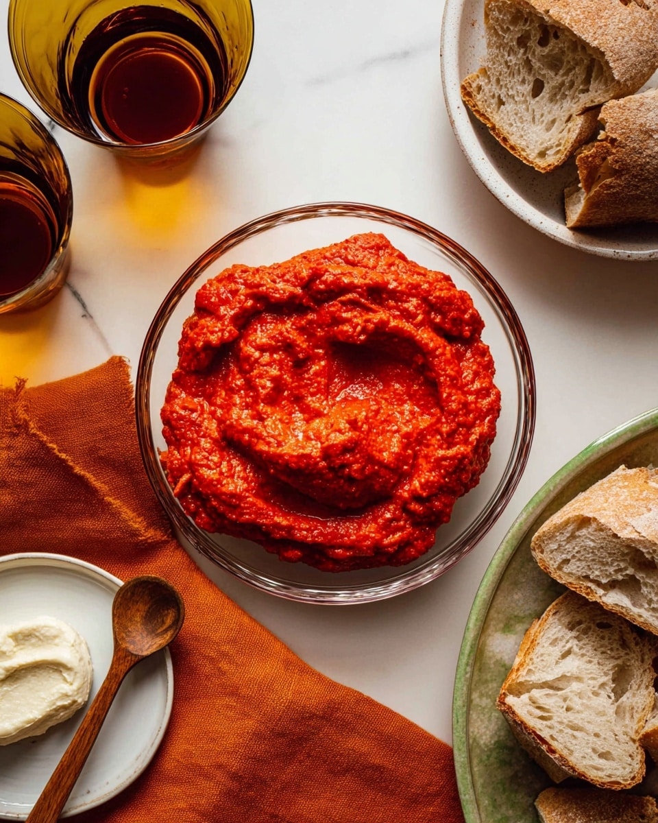 A small pile of thick, bright red tomato sauce with a slightly rough texture sits in the center of a clear glass bowl. The tomato sauce forms soft peaks and swirls, showing it is rich and fresh. Around it, pieces of rustic bread with a light brown crust and airy crumb are stacked in a white bowl on the right side. On the lower left, cream-colored smooth cheese with a wooden spoon rests on a small white plate. The background is a white marbled surface, adding a clean, bright look to the setup. A folded burnt orange cloth is placed under the bread bowl, and two dark amber glasses filled with a drink are near the top left and top center of the image. photo taken with an iphone --ar 4:5 --v 7