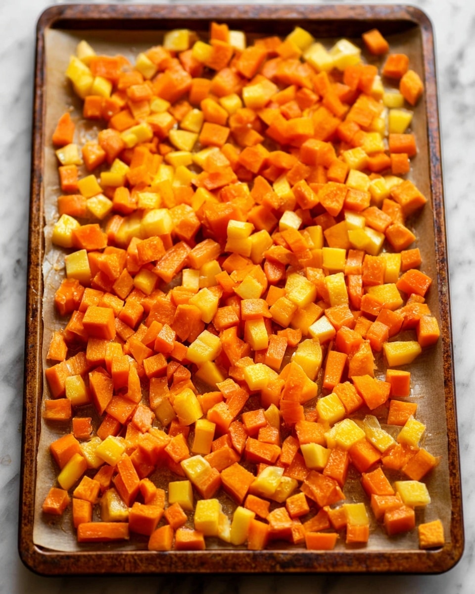 This image shows a baking tray full of small orange and light yellow cubes of diced vegetables spread evenly on a brown parchment paper-lined surface of the tray. The cubes are arranged in one single layer, with a mix of smooth and slightly rough textures, showing the natural variations in the vegetable pieces. The whole setup is placed on a white marbled surface that serves as the background. photo taken with an iphone --ar 4:5 --v 7