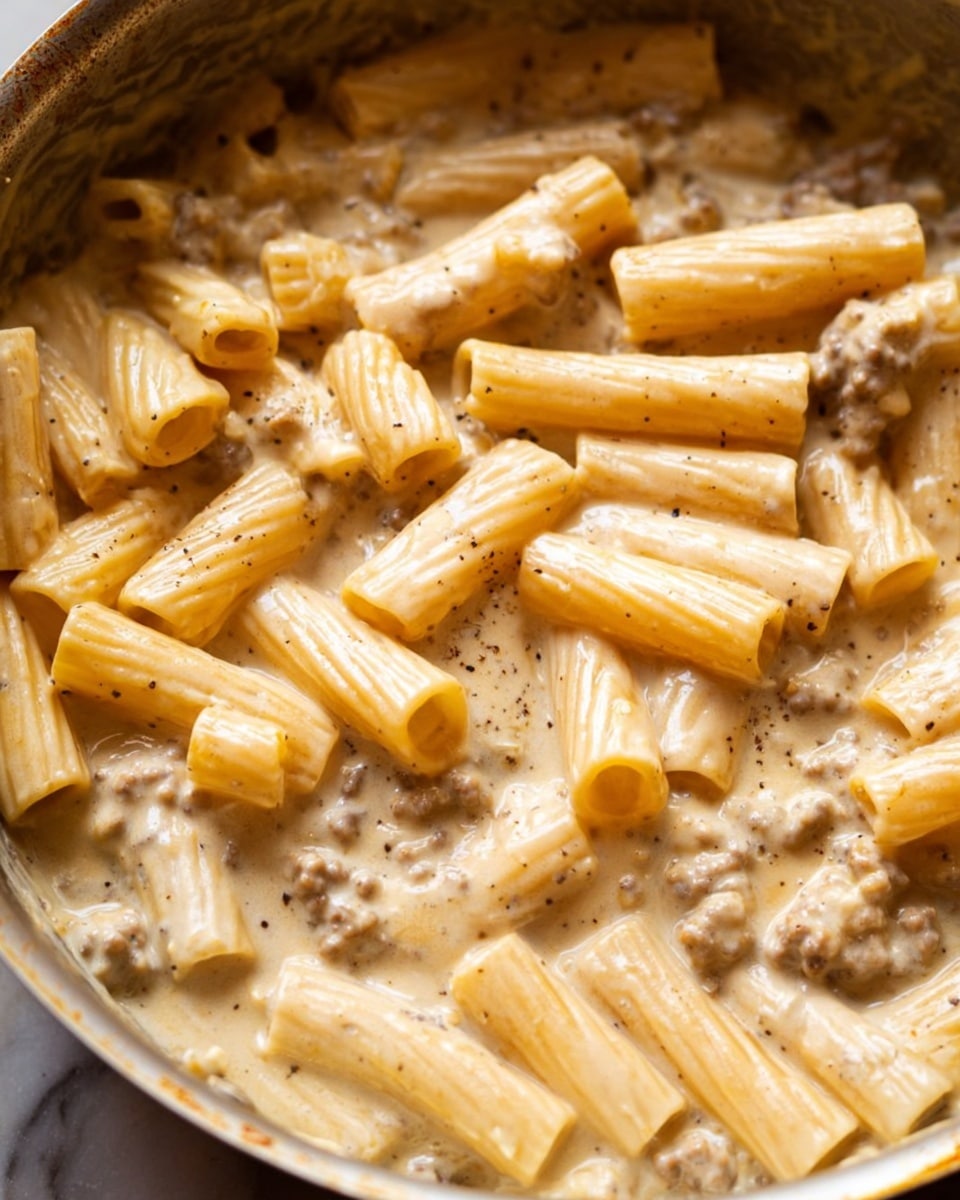 The image shows a close-up of rigatoni pasta in a pan, covered in a creamy, light beige sauce with small bits of ground meat mixed in. The rigatoni tubes are thick and hollow, arranged irregularly, with the sauce clinging to their ribbed surfaces. The pan edge is slightly visible, with some sauce stuck to the metal sides. The sauce looks smooth and rich with a few specks of black pepper. The background is a white marbled texture. photo taken with an iphone --ar 4:5 --v 7