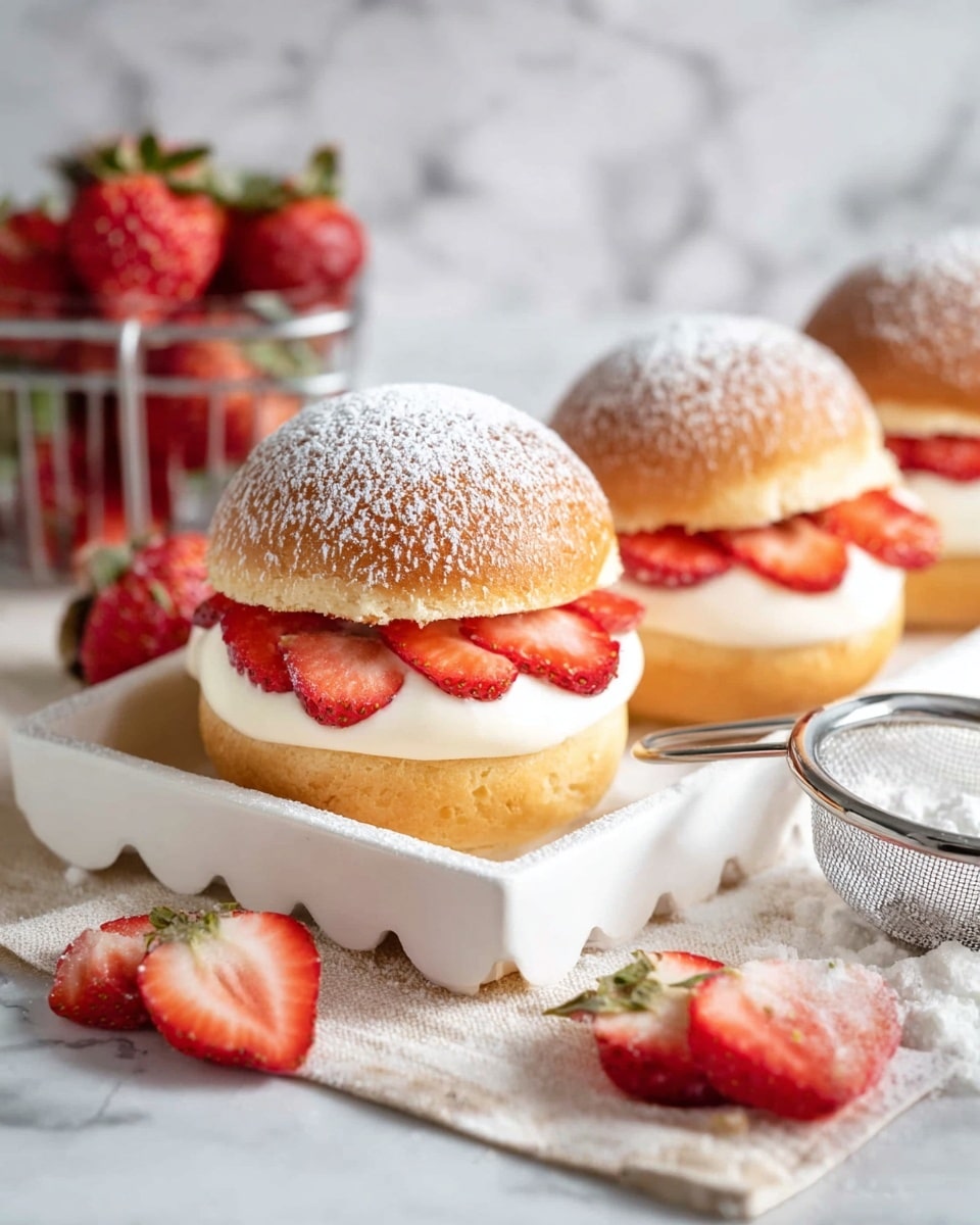 Three cream-filled buns sit on a white rectangular plate placed on a wrinkled beige cloth over a white marbled surface. Each bun has two parts: a golden-brown top and bottom layer with a fluffy, white cream layer in the middle. The middle bun is decorated with round, red strawberry slices embedded in the cream around the sides. Powdered sugar is dusted on the tops of all buns. Fresh strawberries are scattered next to the plate, with a plastic container of strawberries visible in the blurred background. Photo taken with an iphone --ar 4:5 --v 7