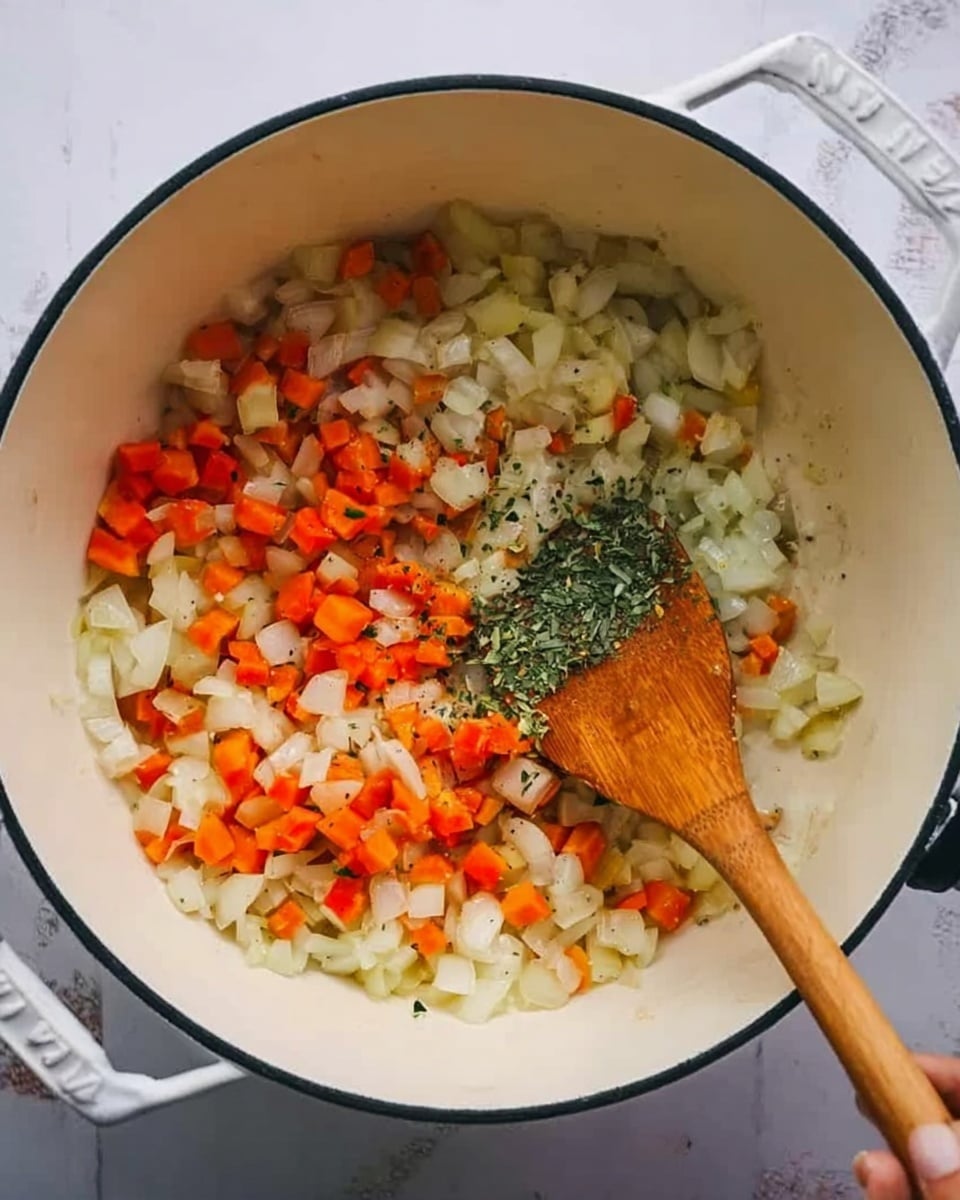 In a white pot, there are three layers of chopped vegetables being stirred with a wooden spoon held by a woman's hand. The first layer shows small white onion pieces that are soft and slightly shiny from cooking. The second layer contains bright orange carrot cubes evenly mixed with the onions. The third layer has small green herb bits scattered throughout the onions and carrots. The pot sits on a white marbled surface, and the wooden spoon’s texture is smooth and warm-toned. The photo taken with an iphone --ar 4:5 --v 7