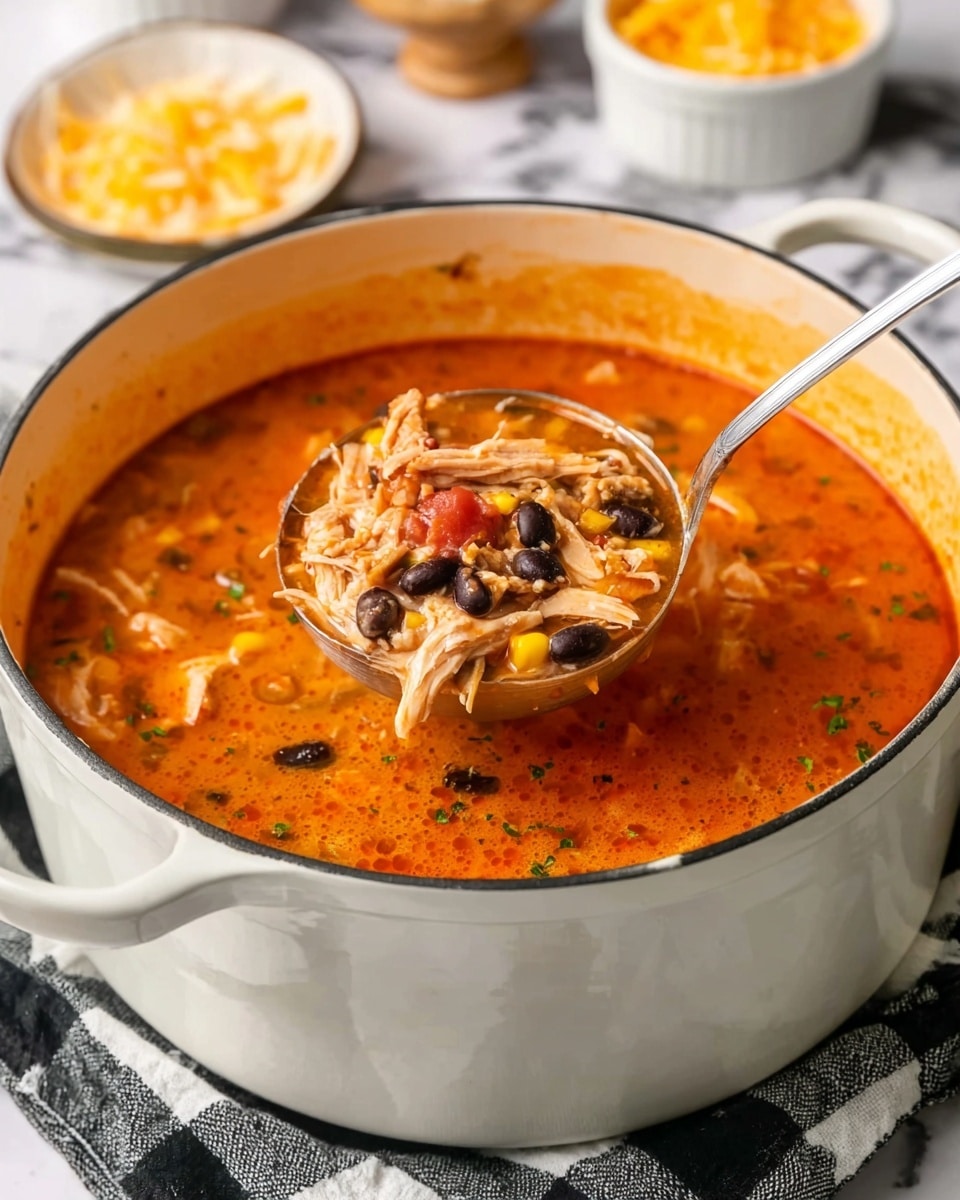 A large white pot filled with thick orange-red soup that has chunks of shredded chicken, black beans, corn, and small pieces of tomato mixed throughout. A metal ladle is lifting a spoonful from the pot, showing a close view of the soup’s chunky texture with a mix of colors: orange broth, black beans, yellow corn, and light brown chicken. The pot is placed on a white marbled surface over a black and white checkered cloth. In the background, there are small white bowls containing shredded yellow cheese and other ingredients out of focus. Photo taken with an iphone --ar 4:5 --v 7