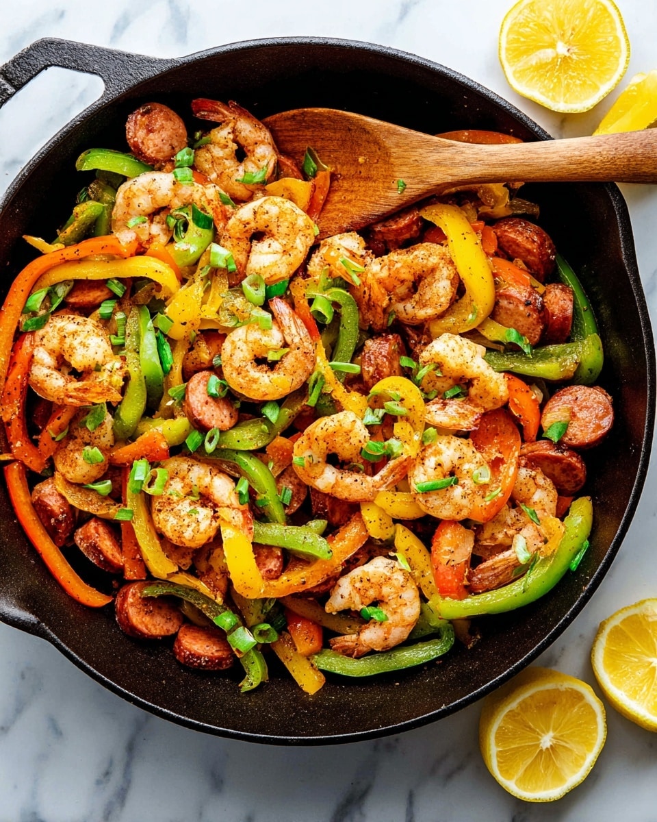 In a large black cast iron pan on a white marbled surface, there is a colorful stir fry with three main layers: the bottom layer consists of sliced brown sausage with a slightly crispy texture; the middle layer includes bright orange, yellow, and green bell pepper strips that are soft and shiny; the top layer shows plump, cooked shrimp with a pinkish color, sprinkled with chopped green onions adding a fresh green touch. The stir fry looks well seasoned with spices visible on the sausage and shrimp. To the side of the pan, two lemon halves sit on the white marbled surface, adding a fresh yellow contrast. A wooden spoon rests inside the pan among the food. Photo taken with an iphone --ar 4:5 --v 7