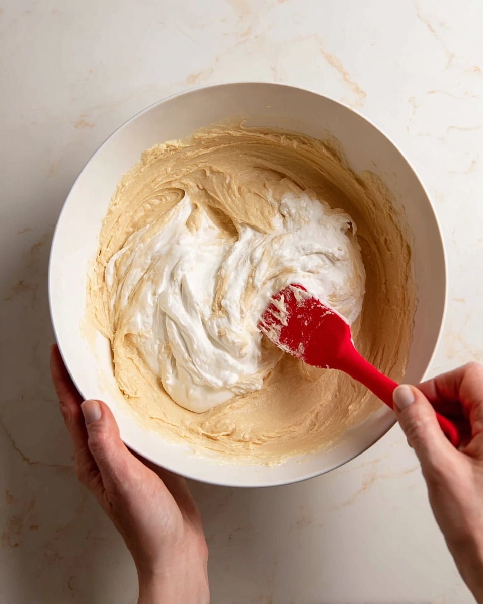 A white bowl filled with a two-layer mixture being folded together: the bottom layer is a thick, creamy, light brown batter with a smooth texture, and the top layer is a foamy white mixture. A woman's hand holds the bowl steady from the left side, while another woman's hand on the right side uses a red spatula to gently fold the white foam into the brown batter. The background is a white marbled texture. photo taken with an iphone --ar 4:5 --v 7