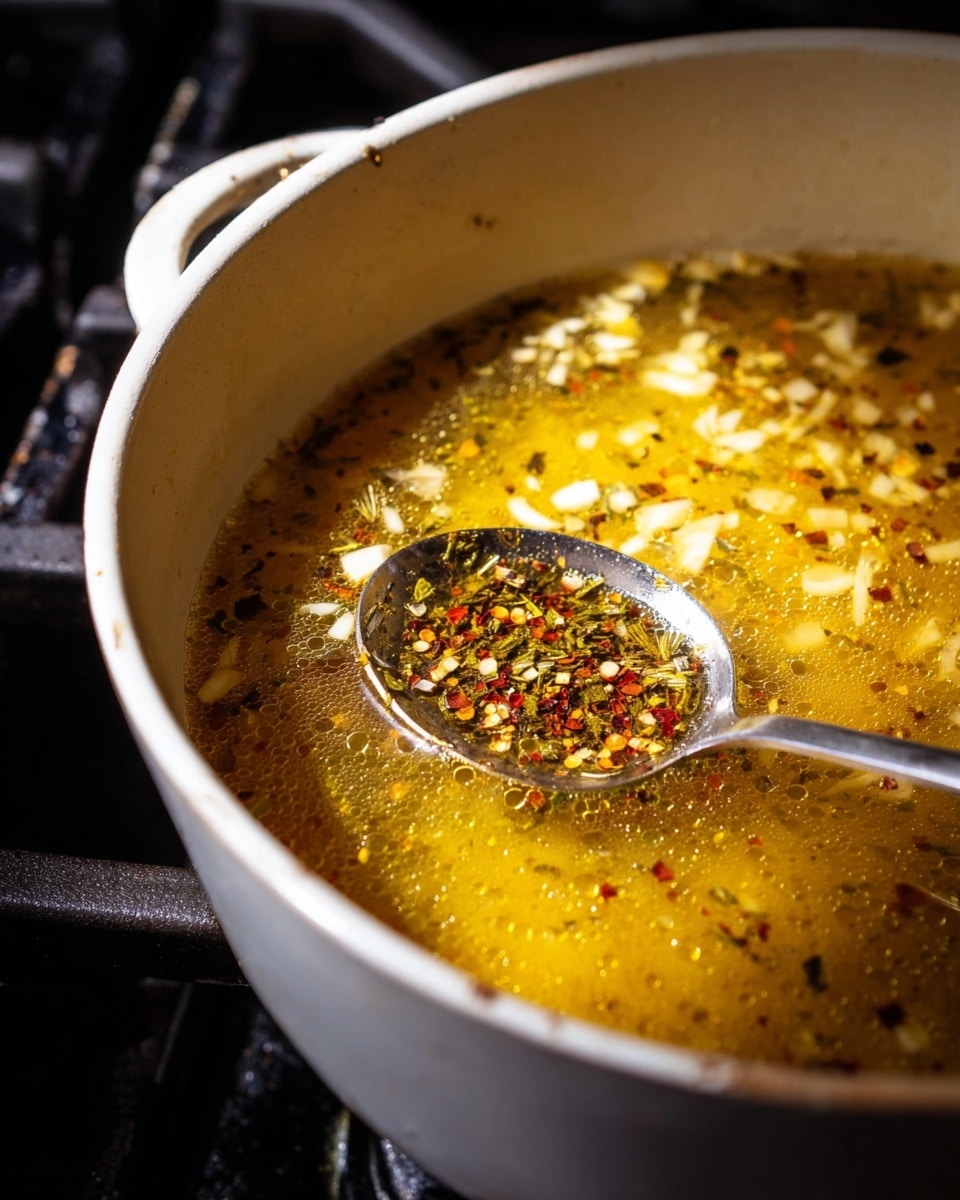 A close-up view of a white pot filled with a golden-yellow liquid broth, visible small bubbles rising along the surface. The broth contains many small pieces of light beige and translucent minced garlic and thin onion slices spread throughout. There is a silver spoon resting inside the pot, holding a mix of red pepper flakes, small black seeds, and green herb bits, floating on the broth. The pot is set on a dark stove with black grates, and the light shines naturally on the broth, highlighting the texture. photo taken with an iphone --ar 4:5 --v 7