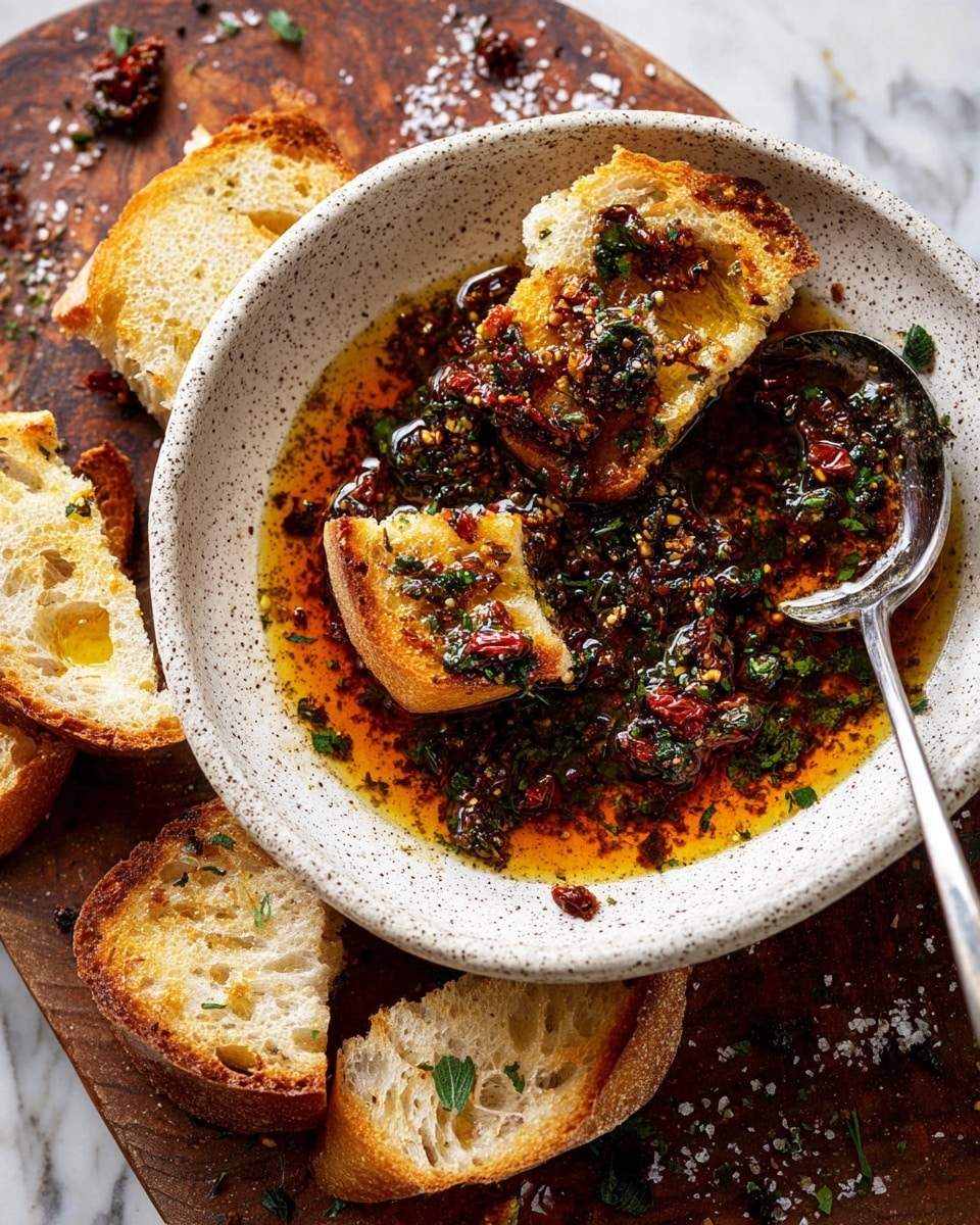 A white speckled shallow bowl holds pieces of rustic toasted bread soaked in a rich, dark orange oil mixture with flecks of green herbs and small chunks of red sun-dried tomatoes. The toasted bread pieces are light golden with some darker crispy edges, sitting both inside the bowl and scattered around it on a dark rustic wooden surface. A silver spoon rests in the bowl, covered in the same herb and tomato oil mix. Coarse salt is sprinkled lightly over some bread pieces. The entire scene is set against a white marbled surface. Photo taken with an iphone --ar 4:5 --v 7