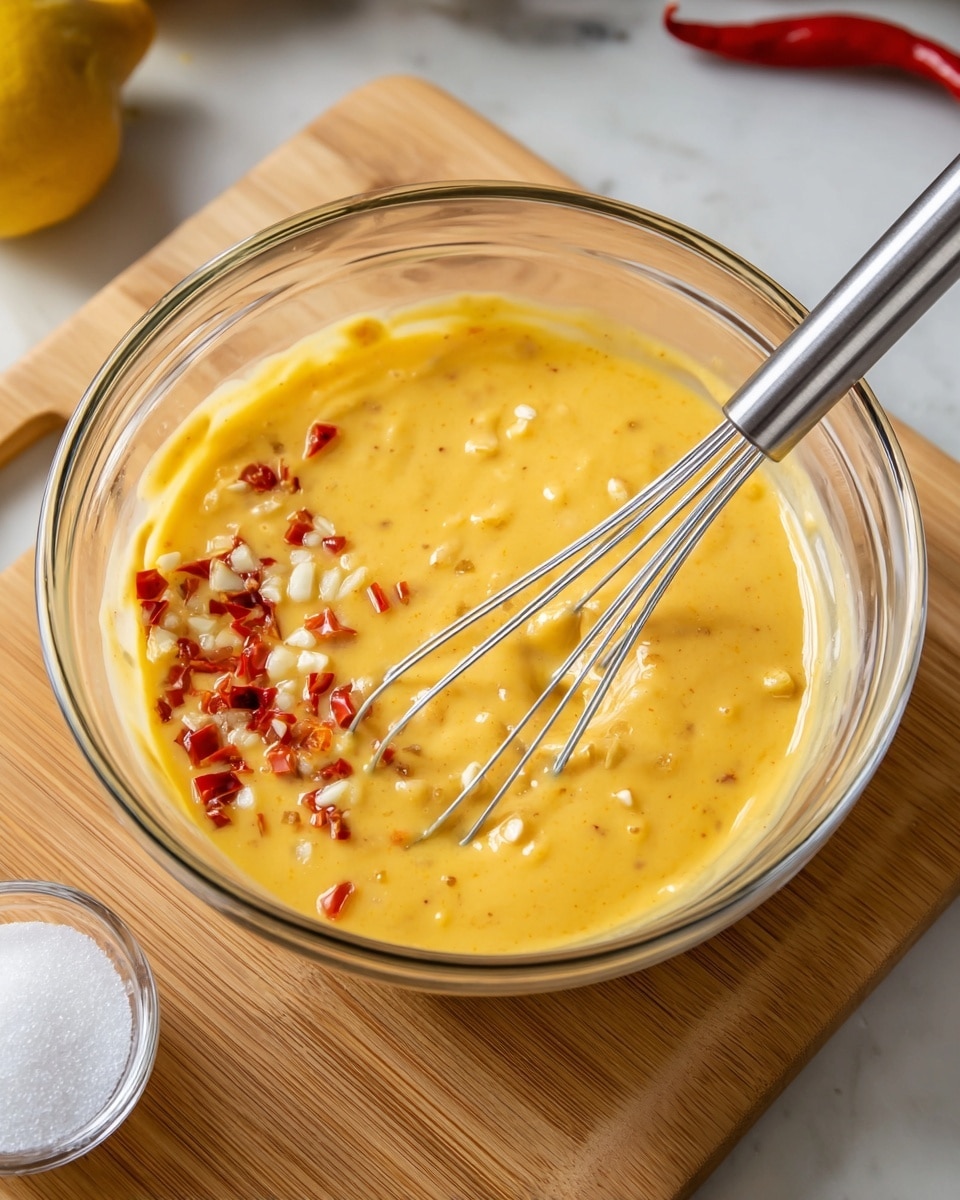 A clear glass bowl filled with a thick, smooth yellow sauce mixed with small pieces of red chili and chopped garlic on the left side. The sauce has a creamy texture and some slight shine. A silver whisk is partially submerged in the sauce on the right side with its wires visible. The bowl sits on a light wooden cutting board, which is placed on a white marbled surface. Around the bowl, a small glass container of white granulated sugar is visible in the bottom left corner, and blurred garlic and lemon lie in the top left corner. Photo taken with an iphone --ar 4:5 --v 7
