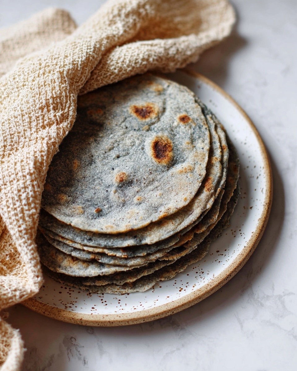 A stack of eight blue-colored tortillas with a rough, slightly grainy texture and small brown spots is placed on a round white plate with small brown speckles around the edge. The tortillas have some curling on the sides and are partly covered by a beige waffle-textured cloth that drapes over the edge of the plate. The setup is on a white marbled surface, creating a soft and clean background. photo taken with an iphone --ar 4:5 --v 7