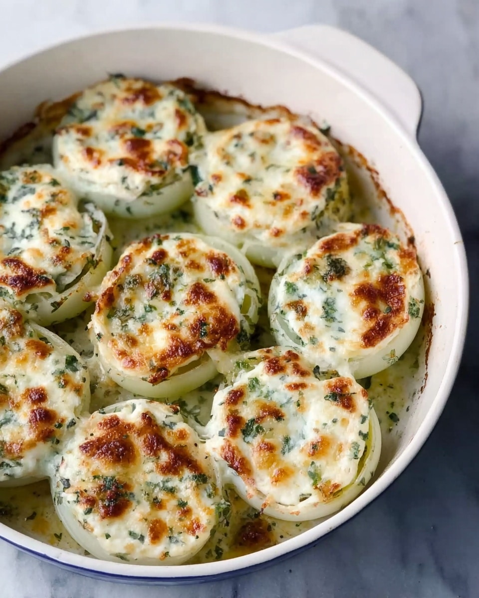 A white round casserole dish filled with nine round stuffed onion halves arranged neatly in layers, each onion is filled with a creamy mixture that looks soft and slightly browned on top with golden spots. The creamy filling has small bits of green herbs visible throughout, giving a fresh and textured appearance. The edges of the onions show a light char and the dish sits on a white marbled surface. photo taken with an iphone --ar 4:5 --v 7
