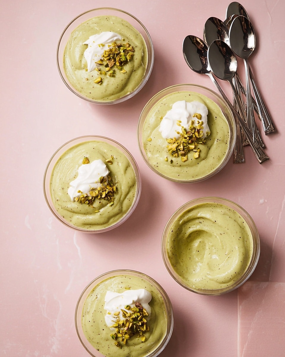 Five clear glass bowls are placed on a soft pink surface with a smooth texture. Four bowls contain a thick, smooth, light green mixture with tiny dark specs visible. Two of these bowls have a white dollop of cream on top, sprinkled with small pieces of crushed green and yellow nuts. The fifth bowl holds only the green mixture. To the right side of the bowls, there are five shiny silver spoons laid out in a loose group. photo taken with an iphone --ar 4:5 --v 7