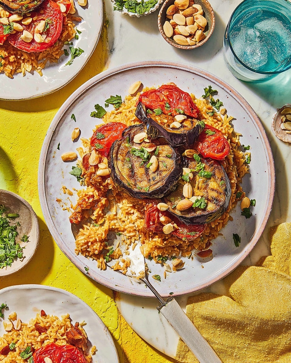 The dish shows one main plate with a base layer of golden brown rice cooked with a crispy texture on the edges. On top, there are large, grilled slices of purple eggplant and roasted red tomato slices, giving a mix of dark purple and bright red colors. Whole peeled almonds are scattered over the top, adding a tan color and a crunchy texture. Fresh green parsley leaves are sprinkled across the entire dish for a fresh touch. Around this plate, there are smaller white plates with portions of the same rice mixed with bits of vegetables and pieces of a light brown cooked item, possibly chicken. A shiny silver spatula with a white handle lies on the main plate with some rice stuck to it. The setting is on a white marbled surface, with a yellow cloth napkin and small bowls of almonds and green herbs nearby. A glass of water with bubbles inside sits near the top right corner. The whole scene is bright and colorful. photo taken with an iphone --ar 4:5 --v 7