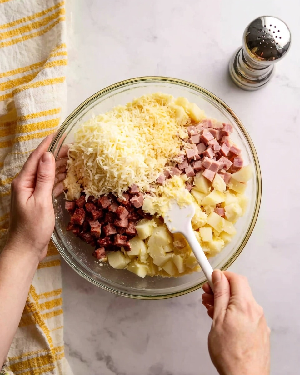 A clear glass bowl filled with four main layers of ingredients arranged in portions: pale yellow egg mixture at the bottom, shredded white cheese on one side, small cubes of light yellow potatoes on another side, and diced dark brown meat with pieces of pink ham on the last side. A woman's hand holds a white spatula stirring the ingredients while the other woman's hand steadies the bowl. The scene is set on a white marbled surface with a white and yellow striped cloth nearby and a silver pepper grinder in the background. photo taken with an iphone --ar 4:5 --v 7