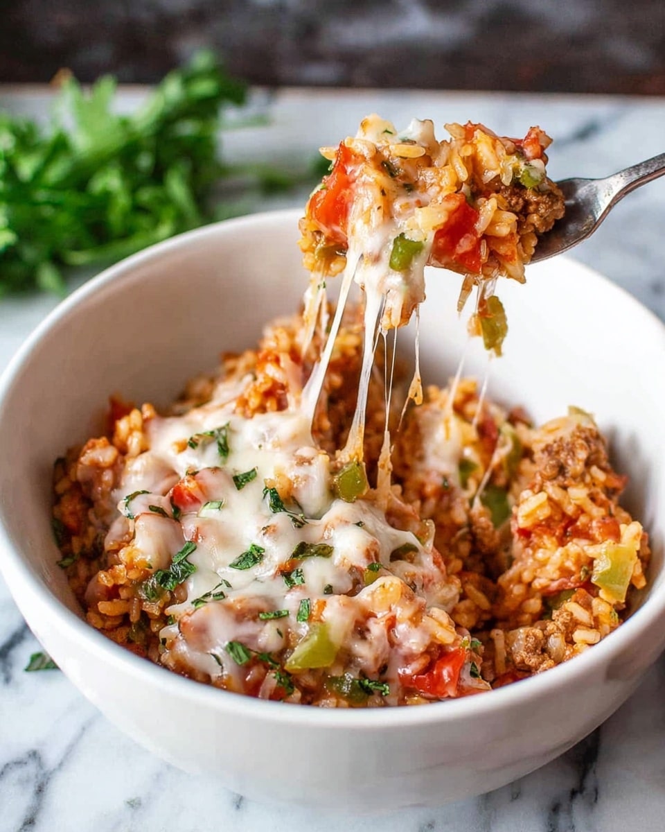 A white bowl filled with a mix of cooked rice, diced tomatoes, small pieces of green bell pepper, and ground meat, all topped with melted white cheese and small green herb leaves scattered over the top. A fork lifts a portion above the bowl, with stretchy melted cheese strands connecting the lifted food to the rest in the bowl. The bowl sits on a white marbled surface with a small bunch of green herbs placed nearby. photo taken with an iphone --ar 4:5 --v 7