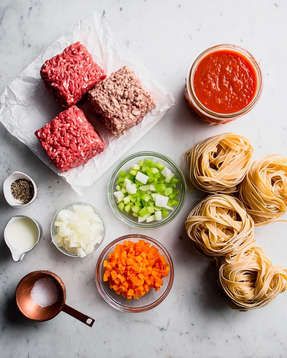 The image shows various ingredients on a white marbled surface arranged neatly. There are two blocks of raw ground meat, one with red beef and the other with lighter-colored meat, both placed on a small piece of white parchment paper near the center. To the right, there are six bundles of uncooked fettuccine pasta, light tan in color. At the top right, a glass jar filled with red tomato sauce is visible. Around the meat, several small clear glass bowls contain diced white onions, chopped green celery, and grated orange carrots. There is a small white cup of olive oil and a copper-colored measuring cup filled with a white liquid, likely milk. In the bottom left, a small wooden bowl holds salt and black pepper. All items are displayed on the white marbled surface in a simple, clean layout. Photo taken with an iphone --ar 4:5 --v 7