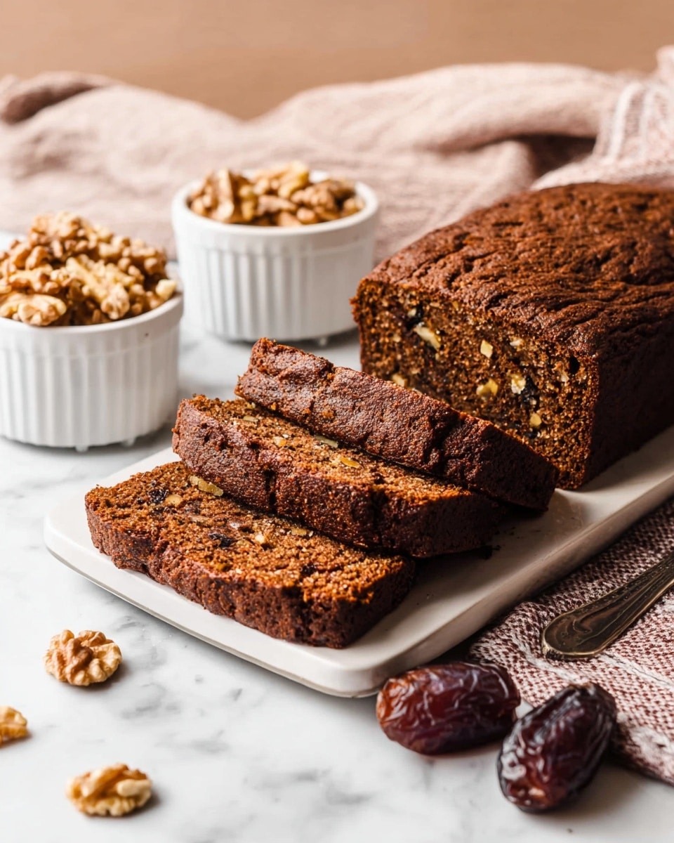 A loaf of dark brown nut bread is shown on a white rectangular plate, with three slices partially cut and laid out in front, revealing a moist texture dotted with pieces of nuts and small dark bits inside. Behind the plate are two small white bowls filled with walnuts and dates. A few loose walnuts and dates lie on the white marbled surface next to the plate. The background and cloth beneath the plate add a soft, warm tone to the scene. Photo taken with an iphone --ar 4:5 --v 7