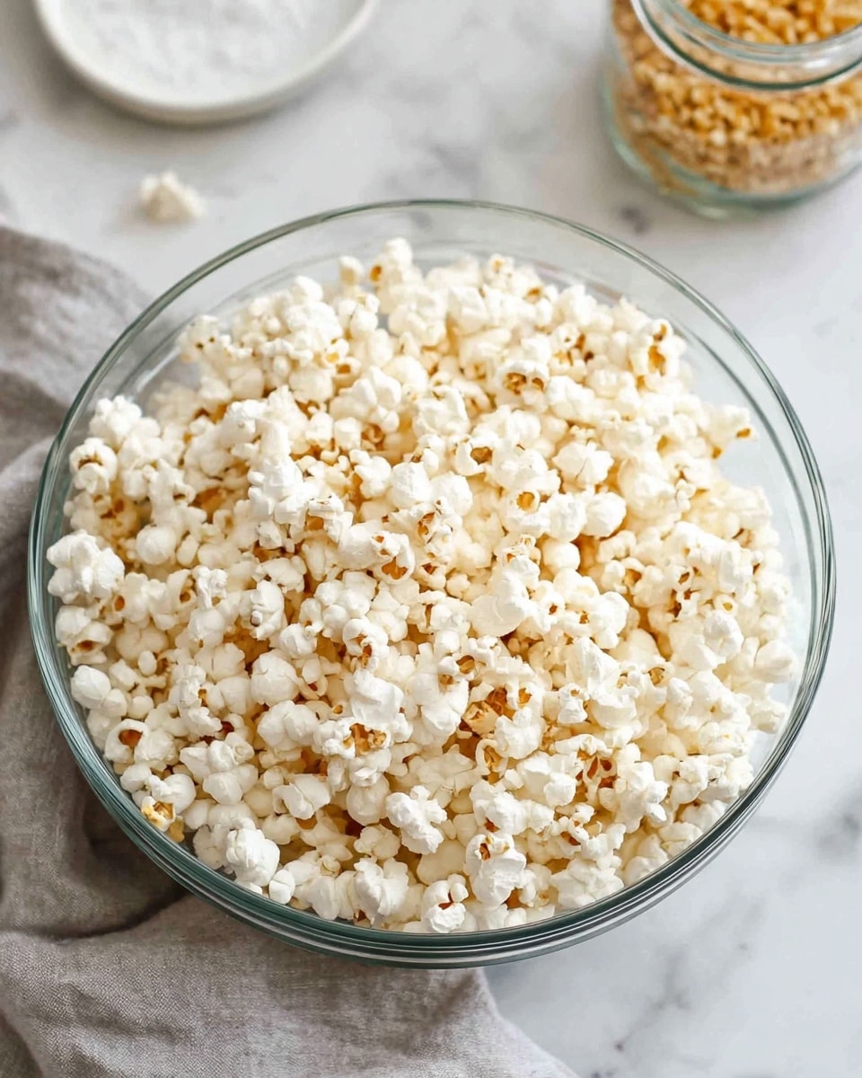 A clear glass bowl is filled with white popcorn, showing some light golden-brown spots on many popped kernels. The bowl sits on a white marbled surface with a light gray cloth under one side. In the background, a small white plate with white salt and a clear jar with golden popcorn kernels can be seen slightly out of focus. The popcorn layer fills the bowl fully and looks light and fluffy. photo taken with an iphone --ar 4:5 --v 7