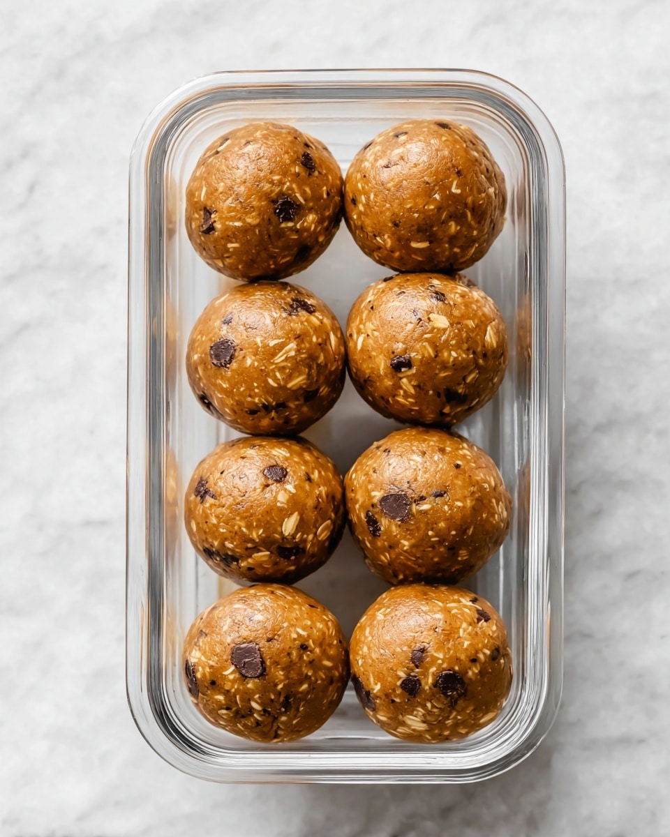 A clear rectangular glass container holds eight round energy balls arranged in two rows of four. Each ball has a warm tan color with visible light oats and dark chocolate chips embedded throughout their smooth, slightly glossy surface. The balls have a dense, soft texture with tiny specks of spices and oats scattered evenly. The container sits on a white marbled surface. photo taken with an iphone --ar 4:5 --v 7