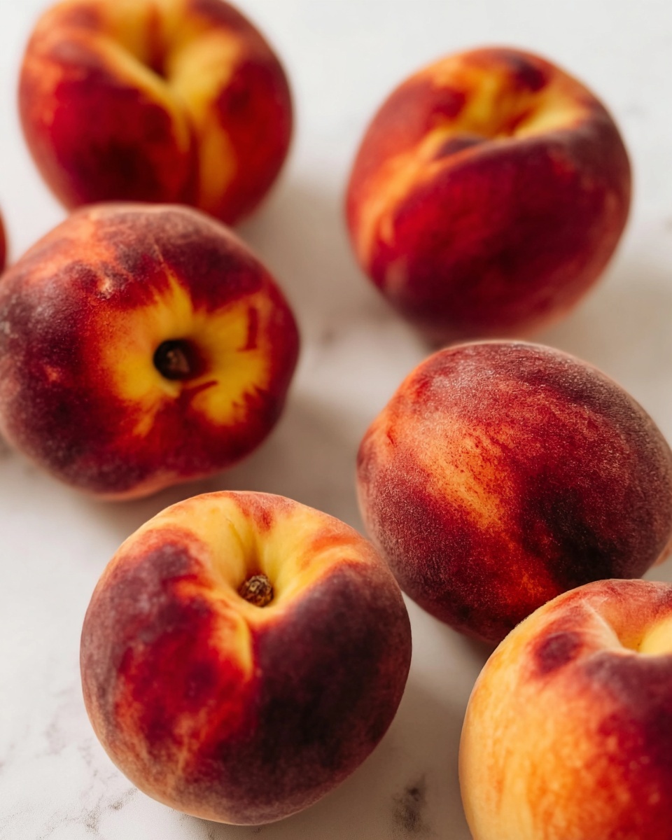 A group of ripe peaches is arranged casually on a white marbled surface. Each peach shows a mix of deep red and warm yellow colors, with soft fuzzy skin texture visible. The peaches are round with subtle grooves and a small indentation at the top where the stem would be. The soft shadows around the fruit add depth, making the peaches look fresh and plump. photo taken with an iphone --ar 4:5 --v 7