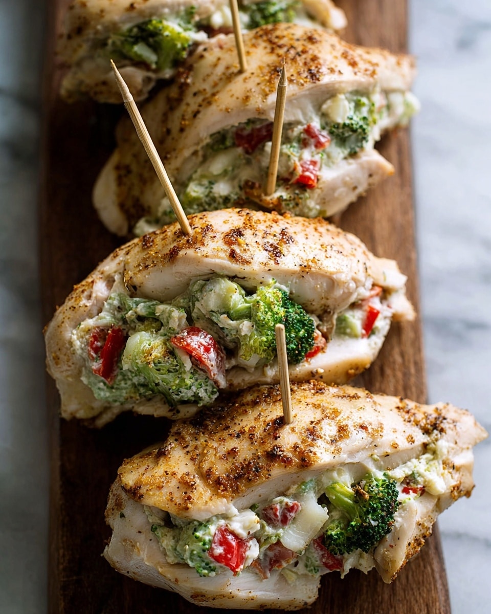 Four stuffed chicken breasts are arranged closely together on a wooden board with a white marbled texture in the background. Each chicken breast is split open and filled with a creamy mixture containing small pieces of green broccoli, red bell peppers, and white cheese. The chicken breasts are seasoned with a mix of spices visible as a light brown coating on the surface. Each stuffed piece is held together with multiple toothpicks pierced through the sides to keep the stuffing inside. The texture of the chicken looks tender and raw, ready for cooking. photo taken with an iphone --ar 4:5 --v 7