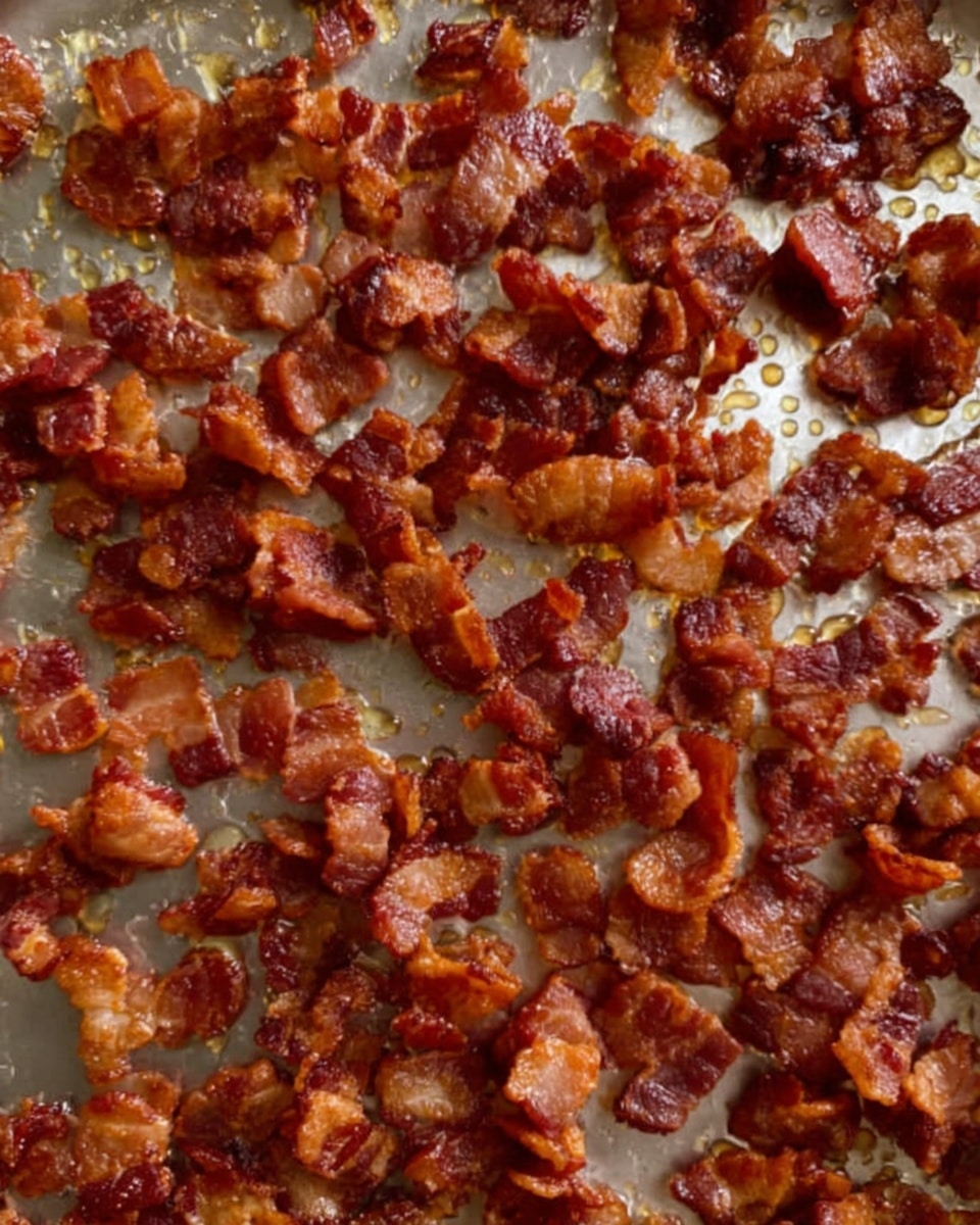The image shows a close-up view of many small pieces of cooked bacon spread unevenly across a silver pan. Each bacon piece is crispy with a mix of deep reddish-brown and darker brown colors, and you can see some glistening fat and oil around them, giving a shiny appearance. The background is the silver metal pan with light reflections and some oil pooled in small spots. There is no additional food or ingredients visible in the image. photo taken with an iphone --ar 4:5 --v 7