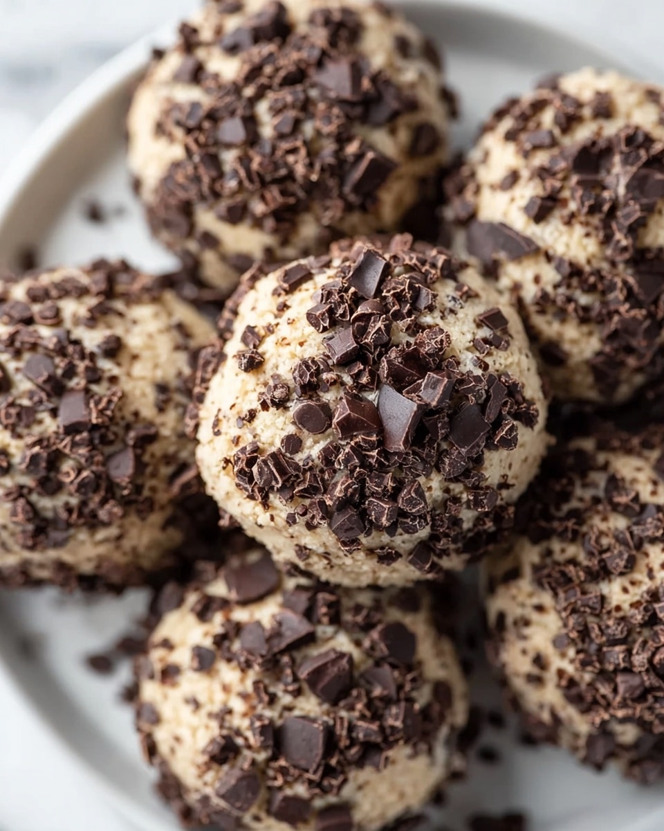 A close-up view of several round cookies covered in light beige dough with a rough texture, each generously coated with dark brown chocolate chunks and small pieces all around their surface, resting together in a white plate on a white marbled textured background, showing the contrast between the light dough and the dark chocolate bits photo taken with an iphone --ar 4:5 --v 7