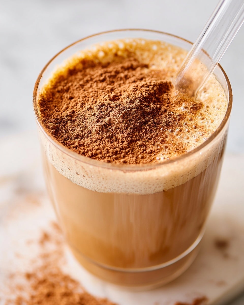 A clear glass filled with a light brown frothy drink topped with a generous layer of finely ground cinnamon powder that spreads evenly across the surface. A transparent straw is inserted upright into the drink, slightly sinking into the cinnamon layer. The glass sits on a white marbled surface with a soft, blurred background. Photo taken with an iphone --ar 4:5 --v 7