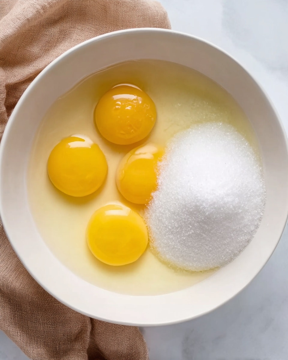 A white bowl on a white marbled surface contains four raw eggs and a pile of white sugar. The eggs have bright yellow yolks and clear egg whites surrounding them. The white sugar is in a mound sitting to the side of the eggs inside the bowl. There is a soft brown cloth partially visible under the bowl on the left side. The image is bright and clean. photo taken with an iphone --ar 4:5 --v 7