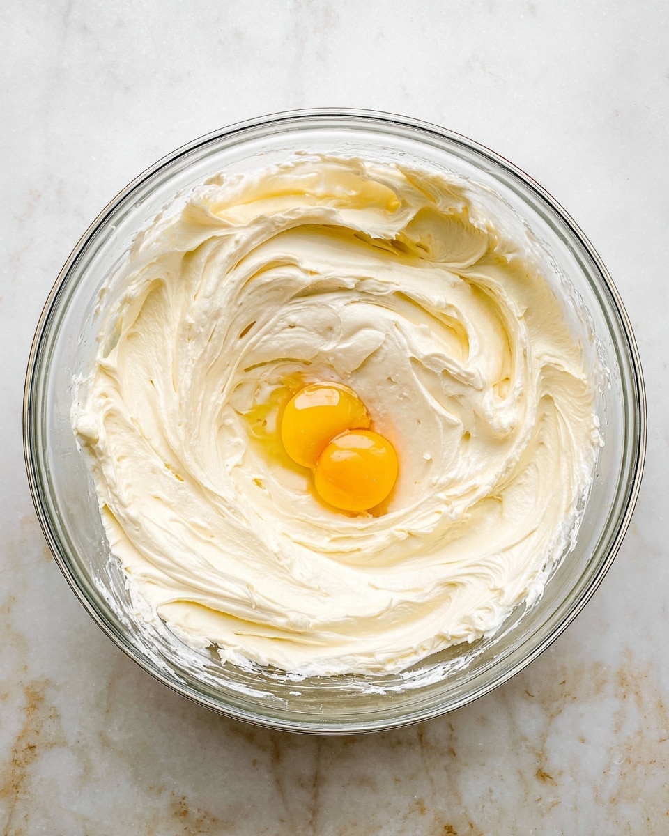 A clear glass mixing bowl sits on a white marbled surface, filled with a thick, creamy, off-white mixture that looks smooth and fluffy. In the center of the mixture, a single raw egg yolk with golden yellow color rests, surrounded by a small pool of translucent egg white blending slightly into the cream. The texture of the cream shows soft swirls and peaks around the edges, making the bowl appear full and inviting. Photo taken with an iphone --ar 4:5 --v 7