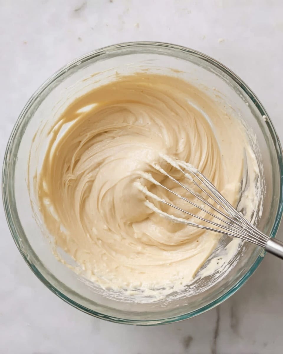 A clear glass bowl filled with smooth, creamy light beige batter being stirred with a metal whisk; the batter has a thick, soft texture with swirls and gentle folds visible on the surface. The bowl is placed on a white marbled surface. Photo taken with an iphone --ar 4:5 --v 7
