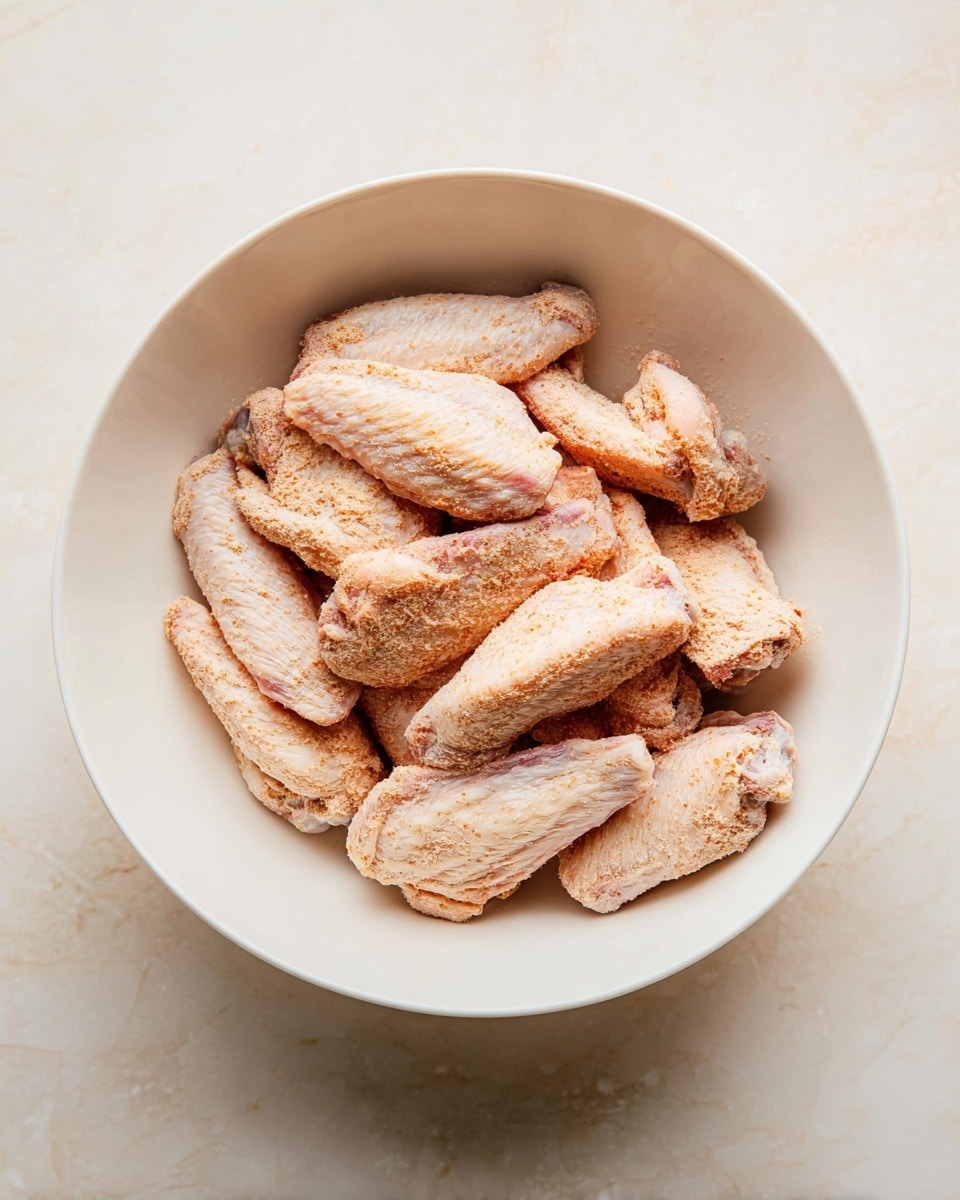 Inside a large white bowl placed on a white marbled surface, there are about ten pieces of raw chicken wings evenly coated with a light, powdery seasoning. The wings show a mix of pale pinkish and light brown tones with a slightly rough texture from the seasoning. The pieces are overlapping and arranged in a loose pile, filling the bottom of the bowl. The photo has soft, natural lighting and a clean, simple look. photo taken with an iphone --ar 4:5 --v 7